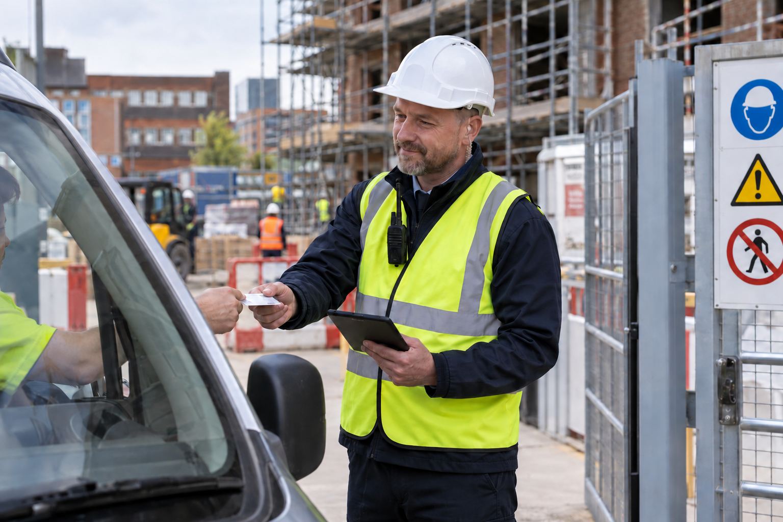 Security officer at a construction site entrance