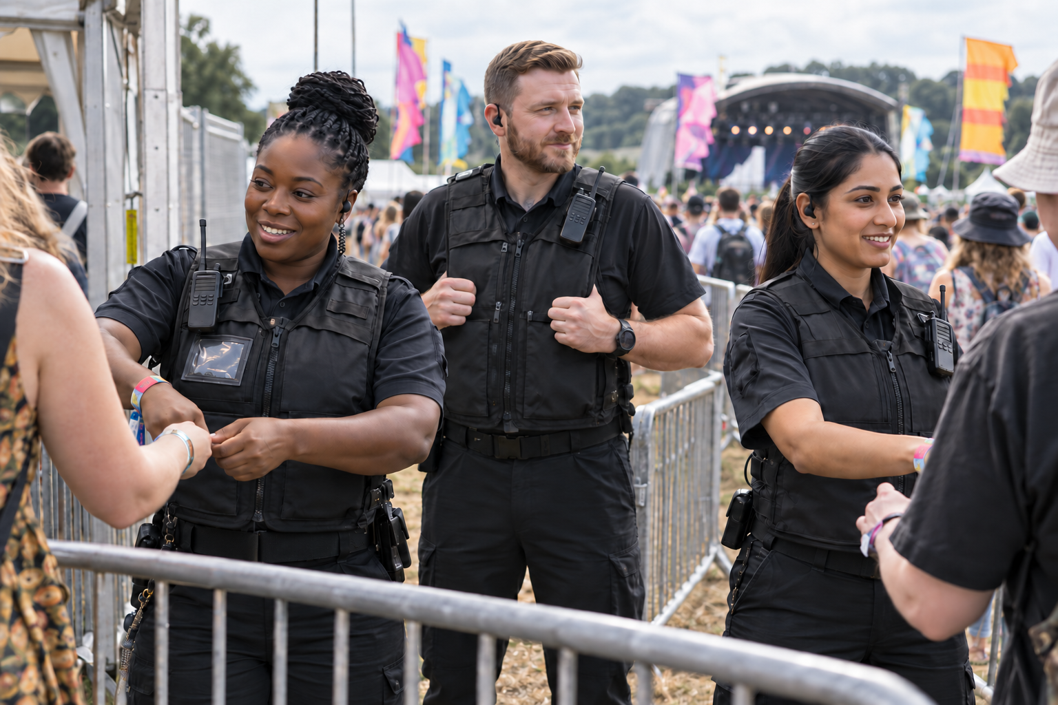 Security team assisting at a festival entrance
